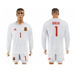 Spain #1 Casillas White Away Long Sleeves Soccer Country Jersey