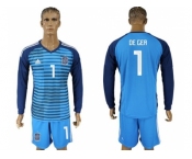 Spain #1 De Gea Blue Goalkeeper Long Sleeves Soccer Country Jersey