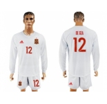 Spain #12 De Gea White Away Long Sleeves Soccer Country Jersey