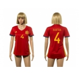 Women's Spain #4 Bartra Red Home Soccer Country Jersey