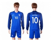 France #10 Benzema Home Long Sleeves Soccer Country Jersey
