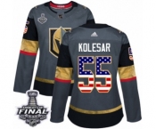 Women's Adidas Vegas Golden Knights #55 Keegan Kolesar Authentic Gray USA Flag Fashion 2018 Stanley Cup Final NHL Jersey
