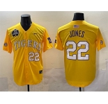 Men's LSU Tigers #22 Jared Jones Gold 2025 World Series & SEC Patch Stitched Baseball Jersey
