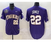 Men's LSU Tigers #22 Jared Jones Purple 2025 World Series & SEC Patch Stitched Baseball Jersey