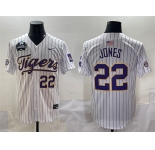Men's LSU Tigers #22 Jared Jones White Pinstripe 2025 World Series & SEC Patch Stitched Baseball Jersey
