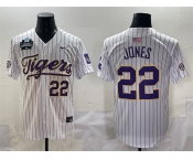 Men's LSU Tigers #22 Jared Jones White Pinstripe 2025 World Series & SEC Patch Stitched Baseball Jersey