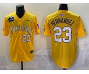 Men's LSU Tigers #23 Luis Hernandez Gold 2025 World Series & SEC Patch Stitched Baseball Jersey