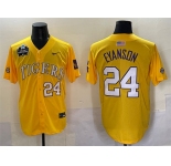 Men's LSU Tigers #24 Anthony Eyanson Gold 2025 World Series & SEC Patch Stitched Baseball Jersey