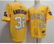 Men's LSU Tigers #32 Kade Anderson Gold 2025 Stitched Baseball Jersey