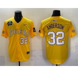 Men's LSU Tigers #32 Kade Anderson Gold 2025 World Series & SEC Patch Stitched Baseball Jersey