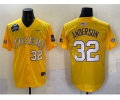 Men's LSU Tigers #32 Kade Anderson Gold 2025 World Series & SEC Patch Stitched Baseball Jersey
