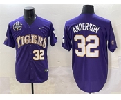 Men's LSU Tigers #32 Kade Anderson Purple 2025 World Series & SEC Patch Stitched Baseball Jersey