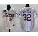Men's LSU Tigers #32 Kade Anderson White Pinstripe 2025 World Series & SEC Patch Stitched Baseball Jersey