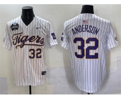 Men's LSU Tigers #32 Kade Anderson White Pinstripe 2025 World Series & SEC Patch Stitched Baseball Jersey