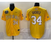 Men's LSU Tigers #34 Chase Shores Gold 2025 World Series & SEC Patch Stitched Baseball Jersey