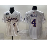 Men's LSU Tigers #4 Steven Milam White Pinstripe 2025 World Series & SEC Patch Stitched Baseball Jersey