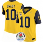 Men's Michigan Wolverines #10 Tom Brady 2023 F.U.S.E. Yellow Navy Rose Bowl Patch Stitched Jersey