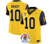 Men's Michigan Wolverines #10 Tom Brady 2023 F.U.S.E. Yellow Navy Rose Bowl Patch Stitched Jersey