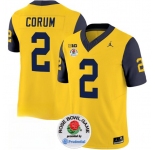 Men's Michigan Wolverines #2 Blake Corum 2023 F.U.S.E. Yellow Navy Rose Bowl Patch Stitched Jersey