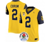 Men's Michigan Wolverines #2 Blake Corum 2023 F.U.S.E. Yellow Navy Rose Bowl Patch Stitched Jersey