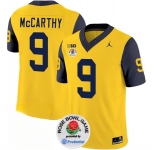 Men's Michigan Wolverines #9 J.J. McCarthy 2023 F.U.S.E. Yellow Navy Rose Bowl Patch Stitched Jersey