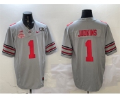 Men's Ohio State Buckeyes #1 Quinshon Judkins Grey 2025 CFP Final With National Champions Patch F.U.S.E. Vapor Limited Stitched Football Jersey