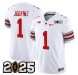 Men's Ohio State Buckeyes #1 Quinshon Judkins White 2025 CFP Final Patch F.U.S.E. Vapor Limited Stitched Football Jersey