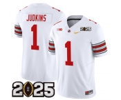 Men's Ohio State Buckeyes #1 Quinshon Judkins White Gold 2025 CFP Final Patch F.U.S.E. Vapor Limited Stitched Football Jersey