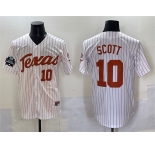 Men's Texas Longhorns #10 Mia Scott White Pinstripe 2025 World Series & SEC Patch Stitched Jersey