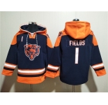 Men's Chicago Bears #1 Justin Fields Navy Ageless Must-Have Lace-Up Pullover Hoodie