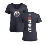NHL Women Adidas Edmonton Oilers #91 Drake Caggiula Navy Blue Backer Slim Fit V-Neck T-Shirt