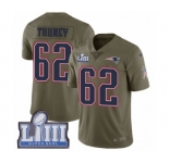 Men's Nike New England Patriots #62 Joe Thuney Limited Olive 2017 Salute to Service Super Bowl LIII Bound NFL Jersey