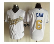 Men Kansas City Royals #6 Lorenzo Cain Majestic White 2015 World Series Champions Gold Program Cool Base Jersey