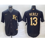 Men's Kansas City Royals #13 Salvador Perez Black Gold Cool Base Stitched Jersey