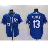 Men's Kansas City Royals #13 Salvador Perez Blue KC Cool Base Stitched Jersey