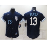 Men's Kansas City Royals #13 Salvador Perez Number 2022 Navy City Connect Flex Base Stitched MLB Jersey