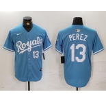 Men's Kansas City Royals #13 Salvador Perez Number Light Blue Cool Base Stitched Jersey