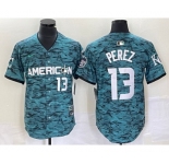 Men's Kansas City Royals #13 Salvador Perez Teal 2023 All Star Cool Base With Patch Stitched Baseball Jersey