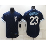 Men's Kansas City Royals #23 Zack Greinke 2022 Navy Blue City Connect Cool Base Stitched Jersey