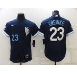 Men's Kansas City Royals #23 Zack Greinke Number 2022 Navy Blue City Connect Cool Base Stitched Jersey
