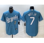 Men's Kansas City Royals #7 Bobby Witt Jr Number Light Blue Cool Base Stitched Jersey