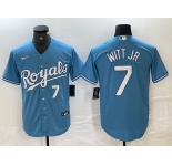 Men's Kansas City Royals #7 Bobby Witt Jr Number Light Blue Cool Base Stitched Jerseys
