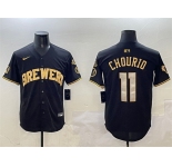 Men's Milwaukee Brewers #11 Jackson Chourio Black Gold With Home Patch Limited Stitched Baseball Jersey