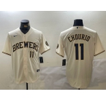 Men's Milwaukee Brewers #11 Jackson Chourio Number Cream Stitched Cool Base Nike Jersey