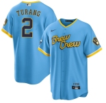 Men's Milwaukee Brewers #2 Brice Turang Blue 2022 City Connect Cool Base Stitched Jersey