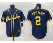 Men's Milwaukee Brewers #2 Brice Turang Navy 2025 With Patch Stitched Baseball Jersey