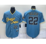 Men's Milwaukee Brewers #22 Christian Yelich Number Blue 2022 City Connect Cool Base Stitched Jersey