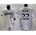 Men's Milwaukee Brewers #22 Christian Yelich White 'Gothic 414 Shadows Edition' Vapor Premier Limited Stitched Jersey
