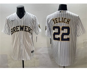 Men's Milwaukee Brewers #22 Christian Yelich White Pinstripe 2025 With Patch Stitched Jersey