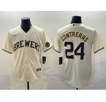 Men's Milwaukee Brewers #24 William Contreras Cream With Patch Stitched Baseball Jersey